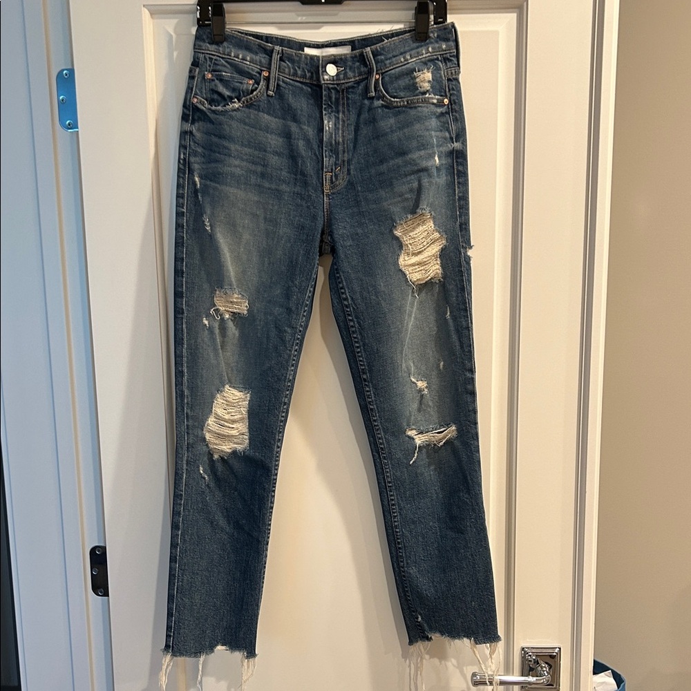 MOTHER Distressed Ankle Jeans in Blue